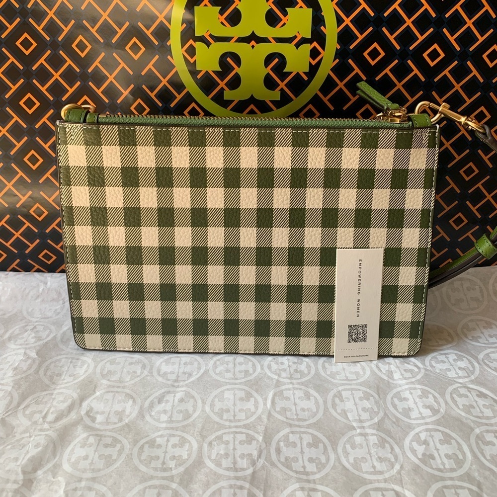 Tory Burch Blake Printed Double Zip Slim Crossbody Springham Green gingham - Picture 11 of 12